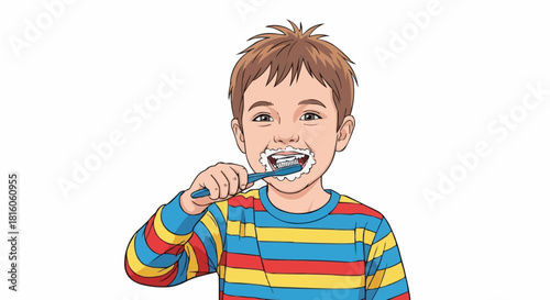 Happy young boy brushing his teeth with a toothbrush and foam.