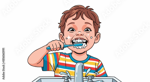 Young boy brushing his teeth with a toothbrush and toothpaste.