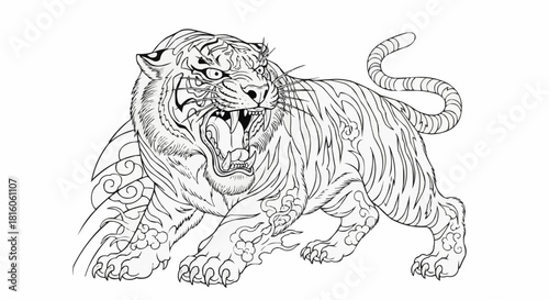 Powerful Roaring Tiger Line Art Illustration with Intricate Details.