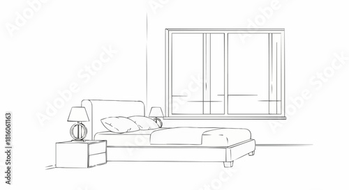 Bedroom sketch with bed nightstand lamps and window illustration.