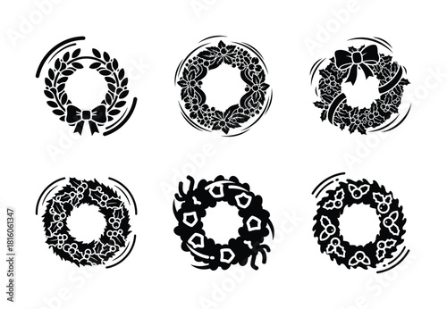christmas jolly wreath spin silhouette icon set collection with spiral and solid styles