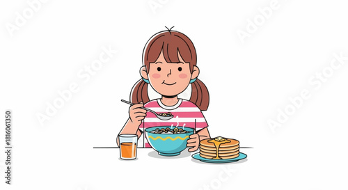 Young girl enjoys her breakfast of cereal and pancakes with a smile.
