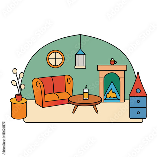 A warm, cozy interior vector featuring soft lighting, comfy furniture, gentle textures, and earthy tones, creating a peaceful, inviting space perfect for rest and relaxation.