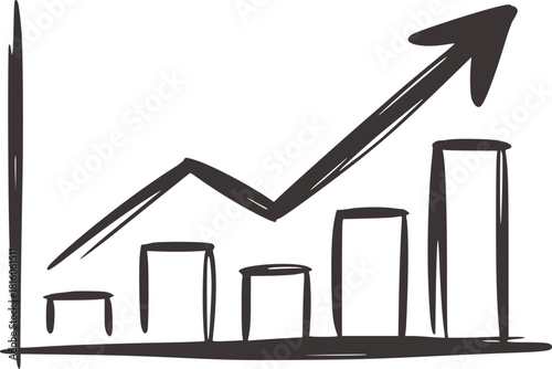 Black and white bar chart with upward trending arrow