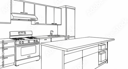 Kitchen design sketch featuring stove, island, cabinets, and range hood.