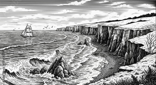Vintage Engraving of a Seascape with Cliffs and a Sailing Ship.