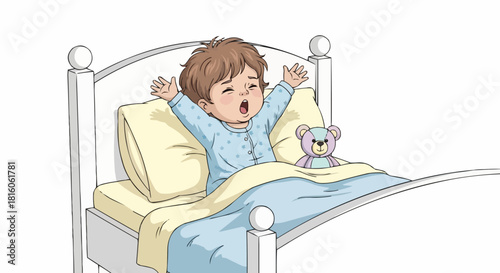 Young child waking up in bed with arms stretched wide.