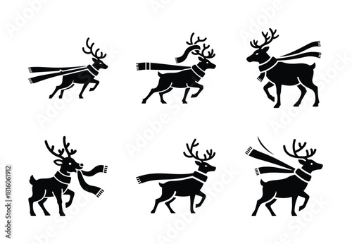 christmas reindeer scarf pull silhouette icon set collection with spiral and solid styles