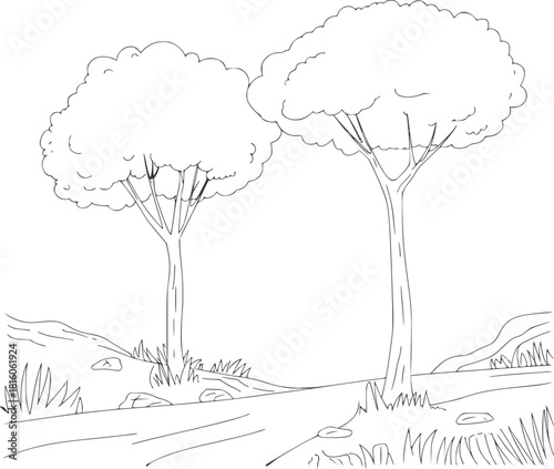 Black and white line drawing of two trees in a landscape