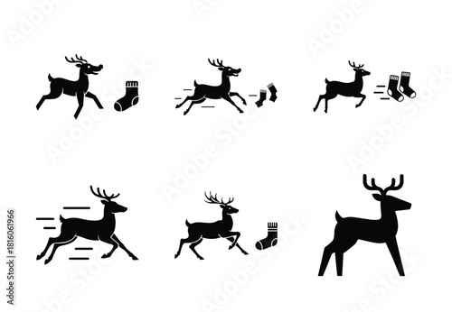 christmas reindeer sock chase silhouette icon set collection with spiral and solid styles