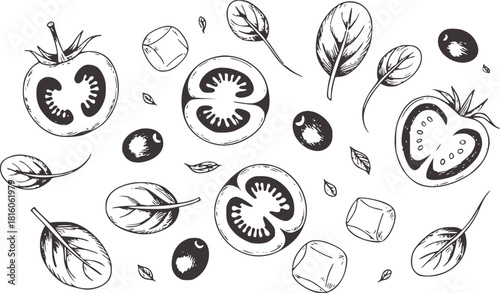 Black and white sketch of fresh ingredients for salad