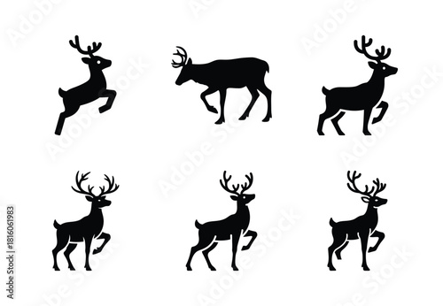 christmas reindeer tiptoe silhouette icon set collection with spiral and solid styles