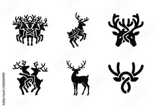 christmas reindeer tangle silhouette icon set collection with spiral and solid styles