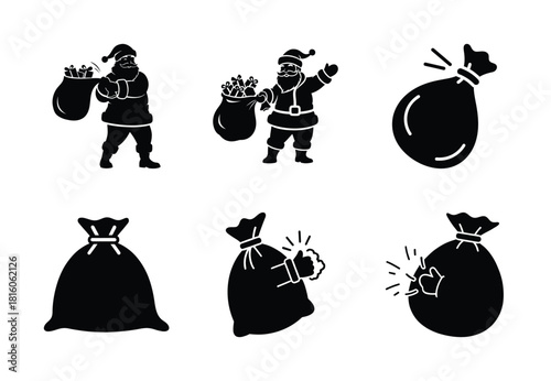 christmas santa bag shake silhouette icon set collection with spiral and solid styles