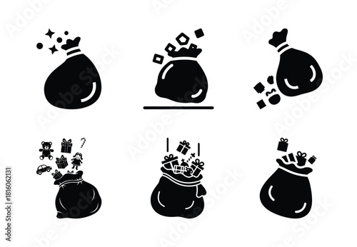 christmas santa bag tumble silhouette icon set collection with spiral and solid styles
