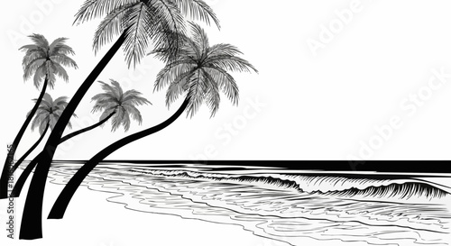 Black and white illustration of palm trees on a tropical beach with ocean waves.