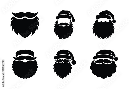 christmas santa beard puff silhouette icon set collection with spiral and solid styles