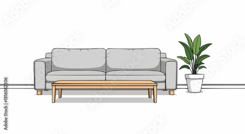 Minimalist living room furniture with a sofa table and plant.