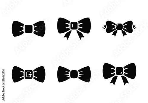 christmas santa bow tie silhouette icon set collection with spiral and solid styles