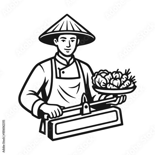 Asian Chef Holding Vegetables – Vintage Market Seller Illustration Logo