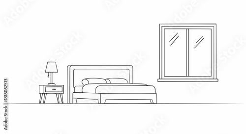 Minimalist Bedroom Interior with Bed and Nightstand Line Art.