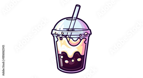 Refreshing layered cold drink in clear cup with straw. Sweet, creamy iced beverage illustration with a frothy top, perfect for menus and cool treat designs