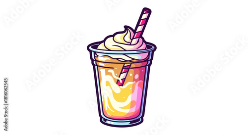 Vibrant Cold Beverage with Whipped Cream and Striped Straw - Refreshing Summer Drink Illustration