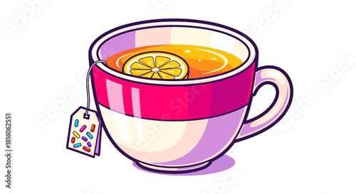 A refreshing cup of hot tea with a lemon slice and a tea bag, perfect for a moment of relaxation and enjoyment