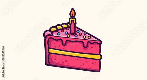 Delicious pastel pink birthday cake slice with a flickering candle and colorful sprinkles, perfect for any joyous celebration or festive dessert occasion