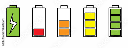 Hand drawn battery level indicators set. Battery power indicator vector set with charging symbol and different levels