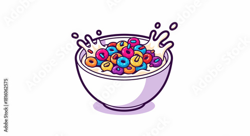 A playful and vibrant illustration of crispy, multi-colored breakfast rings floating in a bowl of fresh milk, creating cheerful splashes for an energetic start to the day