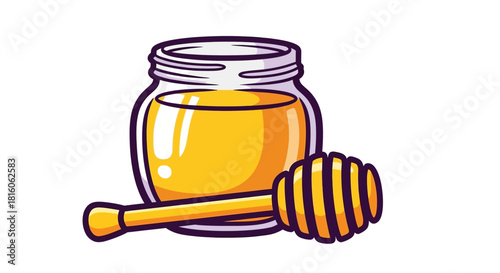 A delightful illustration of a glass jar filled with golden, natural honey, accompanied by a traditional wooden dipper, perfect for spreading sweetness