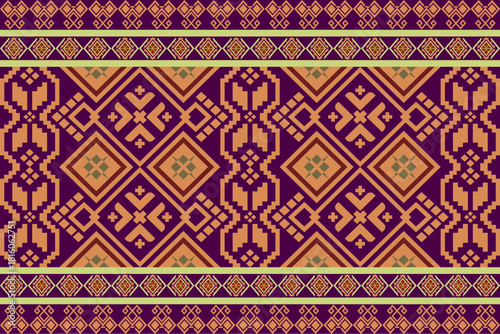 Abstract seamless ethnic geometric pattern. Traditional tribal embroidery or pixelated woven style. Purple and orange diamond texture for textile and wallpaper.