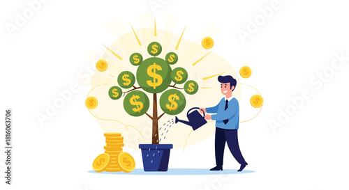 Businessman watering a money tree with dollar coins growing on it representing investment growth and financial success.