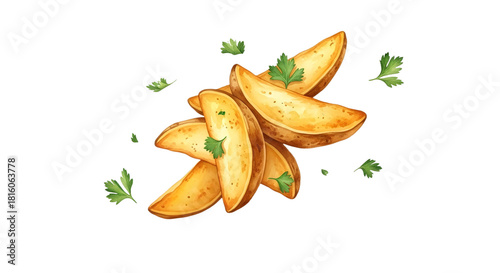 Golden potato wedges with fresh parsley on black background