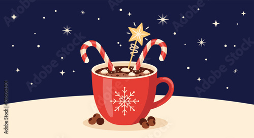 Cozy winter scene with a red mug of hot chocolate marshmallows candy canes and a magic wand under a starry night sky.