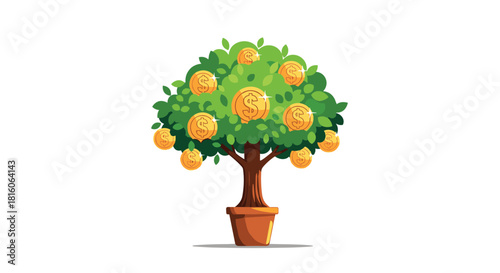 Cartoon money tree in a pot with lush green leaves and shiny gold dollar coins growing on its branches illustration.