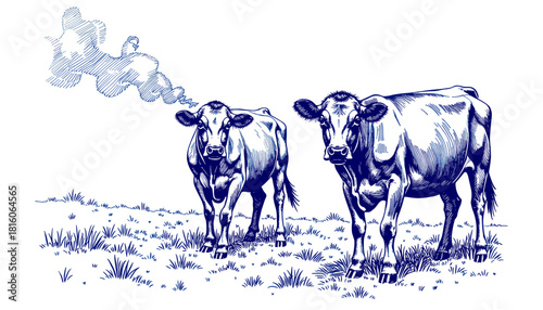 Vintage sketch of cows with steam breath in blue ink on white background  