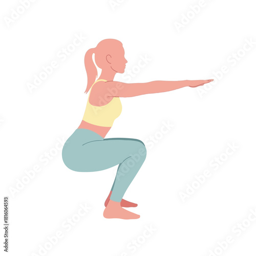 Squat woman performing simple bodyweight squat exercise in minimal flat illustration style, isolated on clean white background for fitness, workout, sports, and healthy lifestyle content