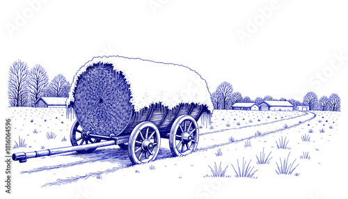 Vintage sketch of a hay cart covered in snow with a rural background  