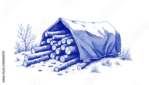 Firewood under snow tarp in vintage sketch style with blue ink  