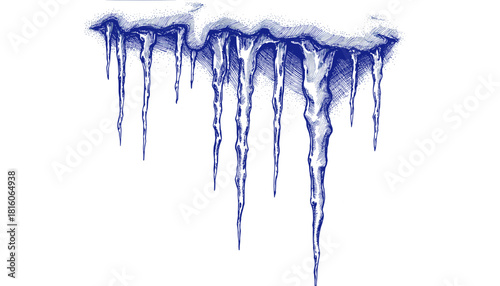 Vintage sketch with pen and blue ink of icicles hanging down  