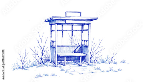 Vintage sketch of a bus stop sign in blue ink with nature elements  