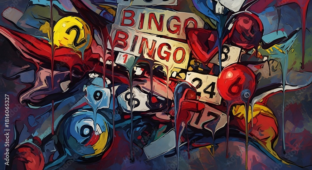Fototapeta premium Abstract Painting of Bingo Cards and Numbers with Vibrant Colors.