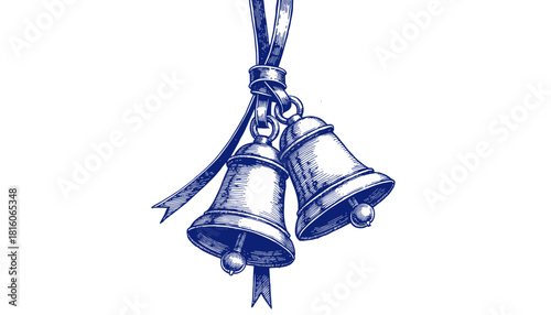 Vintage sketch of two bells tied with a blue ribbon and concept of sleigh bells on leather strap  