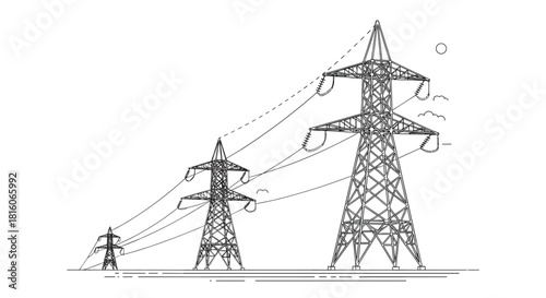 Black and white line art illustration of high-voltage power lines and transmission towers of varying sizes for electricity.