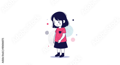 Sad little girl crying with a teardrop on her cheek in a cute cartoon illustration with abstract background elements.