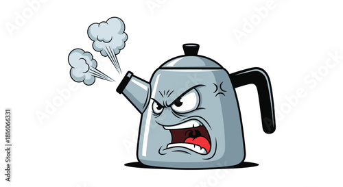 Angry cartoon teapot character with a furious expression shouting and letting off steam from its spout in a rage.