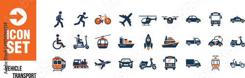 Modern transport icons set for design projects featuring bus, train, airplane, car, ship and other vehicles