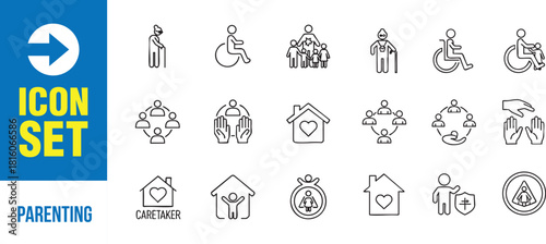 Modern icon set showcasing senior care and support services, designed for compassion and assistance themes